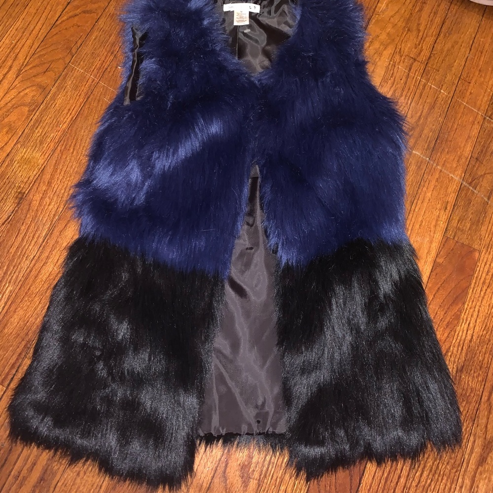 Say What? Blue and Black Faux Fur Vest